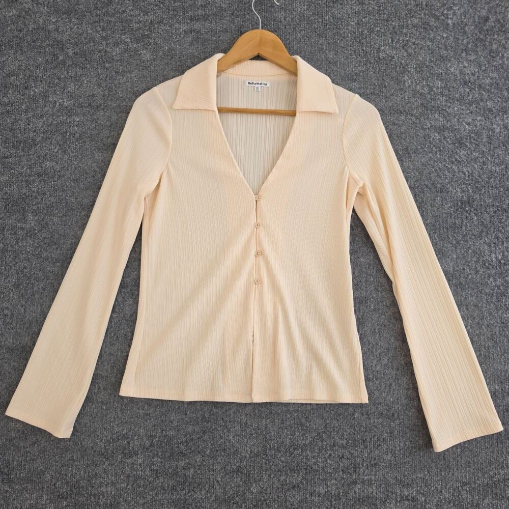 Reformation Top XS Valentina Ribbed Cardigan Beige Minimalist Chic Quiet Luxury